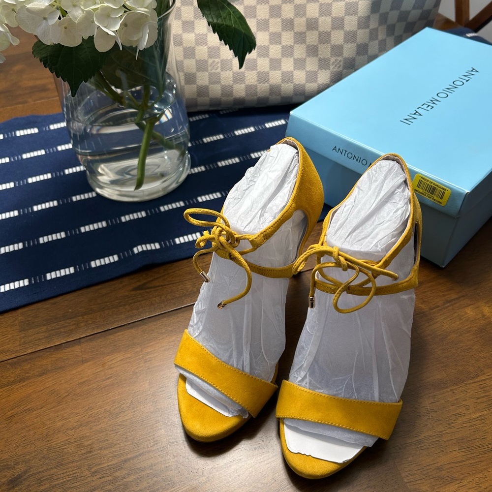 Antonio Melani Sunlight Yellow Heeled Sandals in suede, leather soles.